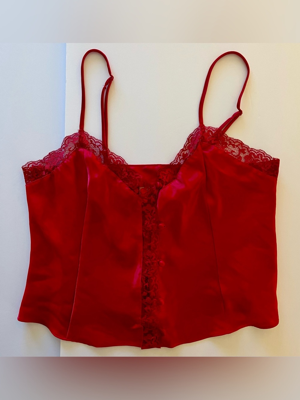 Victoria's Secret Camisole Vintage Gold Label Red Lace Trim Button Medium